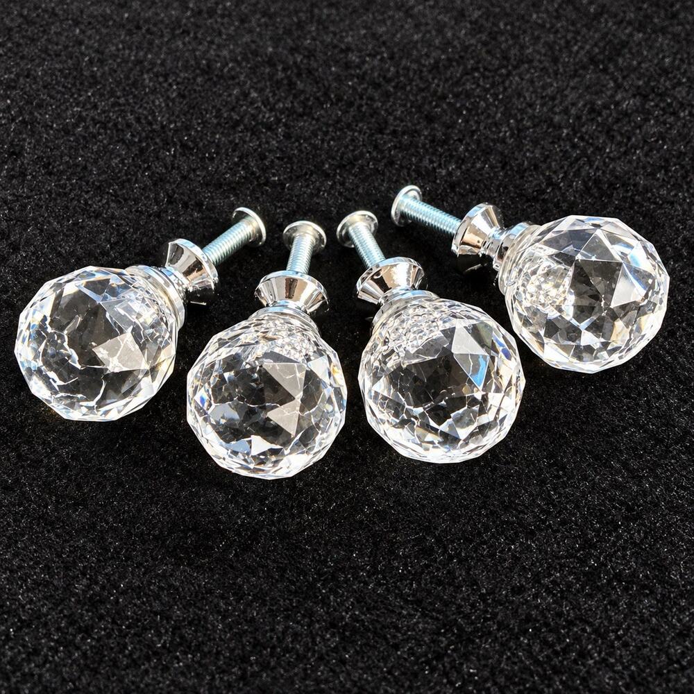 Set of 4 Clear Faceted Glass Cabinet Drawer Knobs Chrome Hardware Vintage 1.25”